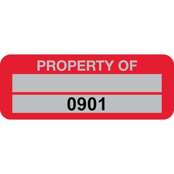 Lustre-Cal Property ID Label PROPERTY OF5 Alum Red 2in x 0.75in 1 Blank Pad&Serialized 0901-1000, 100PK 253740Ma2Rd0901 - main
